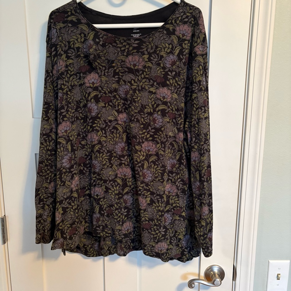J Jill Black Floral Long Sleeve Top